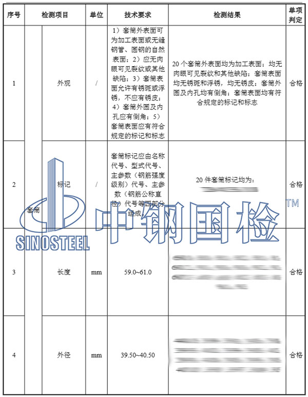 直螺紋套筒部分檢測結果